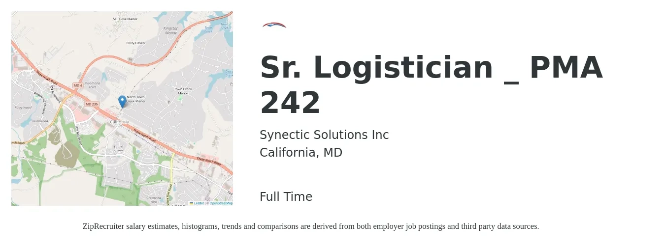 Synectic Solutions Inc job posting for a Sr. Logistician _ PMA 242 in California, MD with a salary of $24 to $36 Hourly with a map of California location.