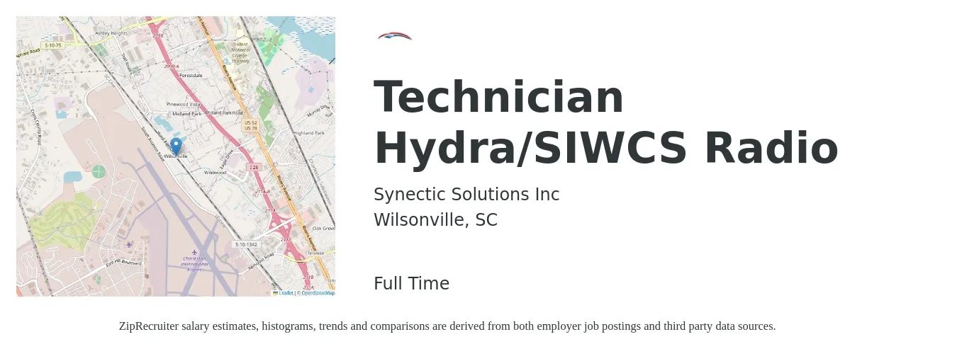 Synectic Solutions Inc job posting for a Technician Hydra/SIWCS Radio in Wilsonville, SC with a salary of $17 to $26 Hourly with a map of Wilsonville location.