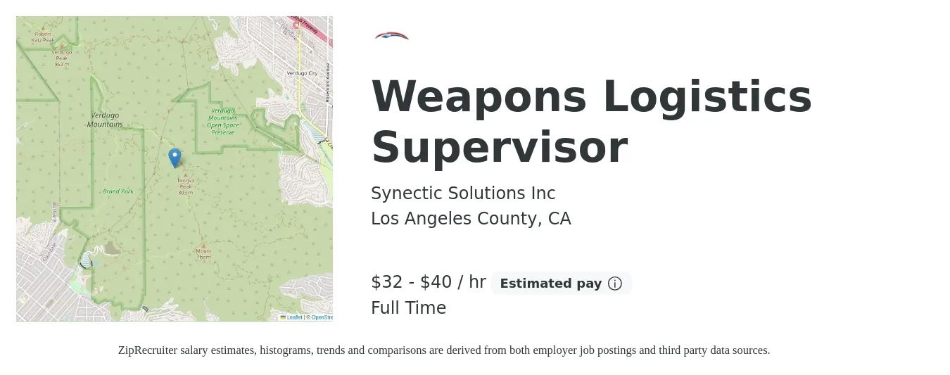 Synectic Solutions Inc job posting for a Weapons Logistics Supervisor in Los Angeles County, CA with a salary of $34 to $42 Hourly with a map of Los Angeles County location.