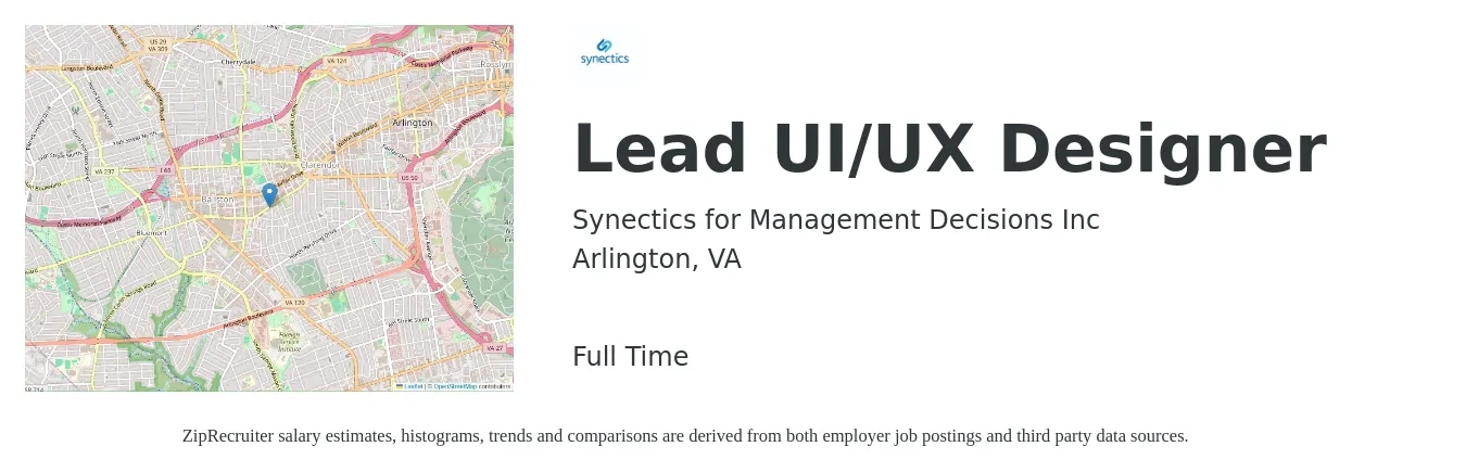 Synectics for Management Decisions Inc job posting for a Lead UI/UX Designer in Arlington, VA with a salary of $49 to $77 Hourly with a map of Arlington location.