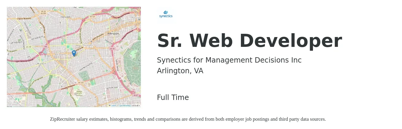Synectics for Management Decisions Inc job posting for a Sr. Web Developer in Arlington, VA with a salary of $104,000 to $150,300 Yearly with a map of Arlington location.