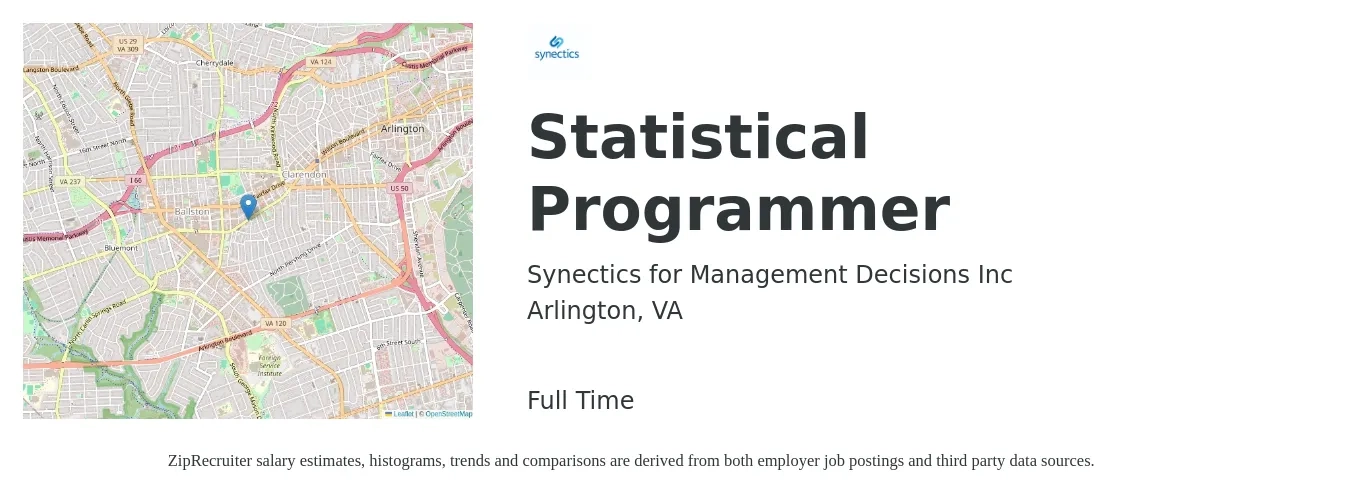 Synectics for Management Decisions Inc job posting for a Statistical Programmer in Arlington, VA with a salary of $142,800 to $182,800 Yearly with a map of Arlington location.