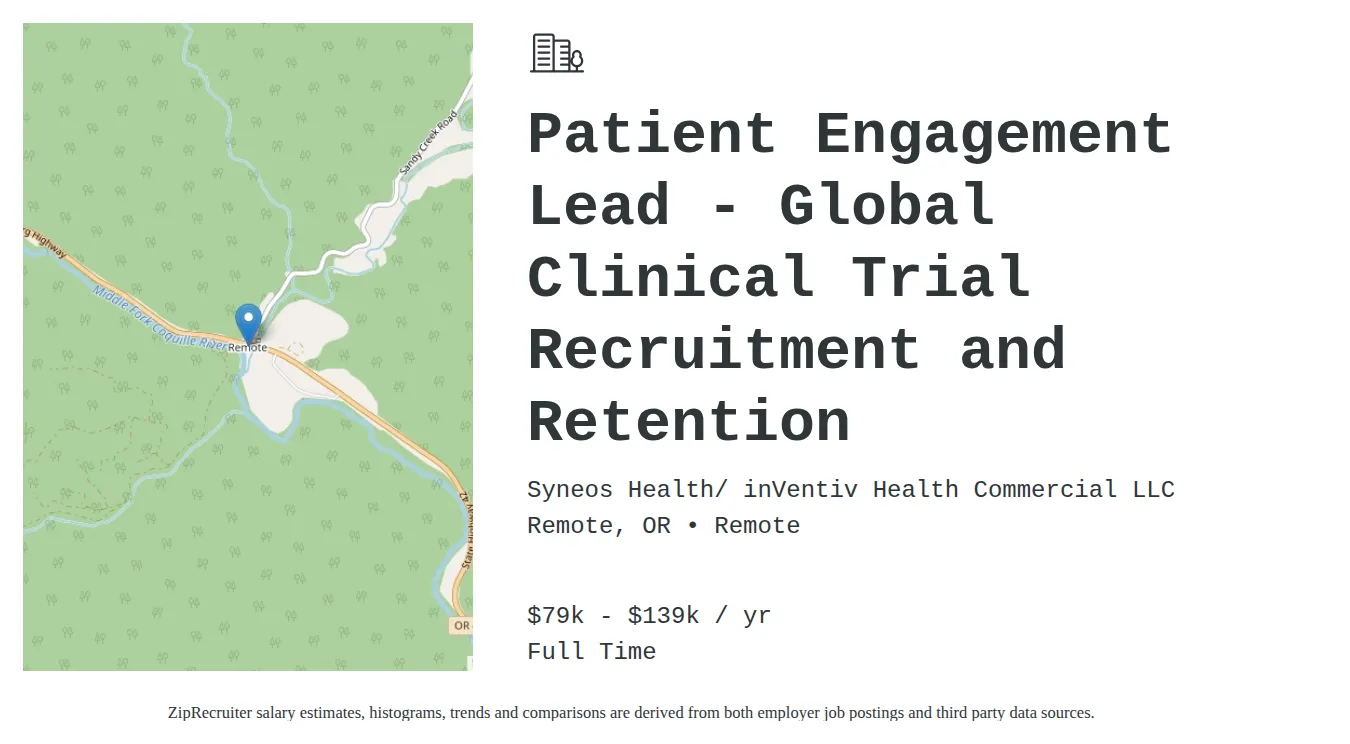 Syneoshealth job posting for a Patient Engagement Lead - Global Clinical Trial Recruitment and Retention in Morrisville, NC with a salary of $79,800 to $139,600 Annually with a map of Morrisville location.