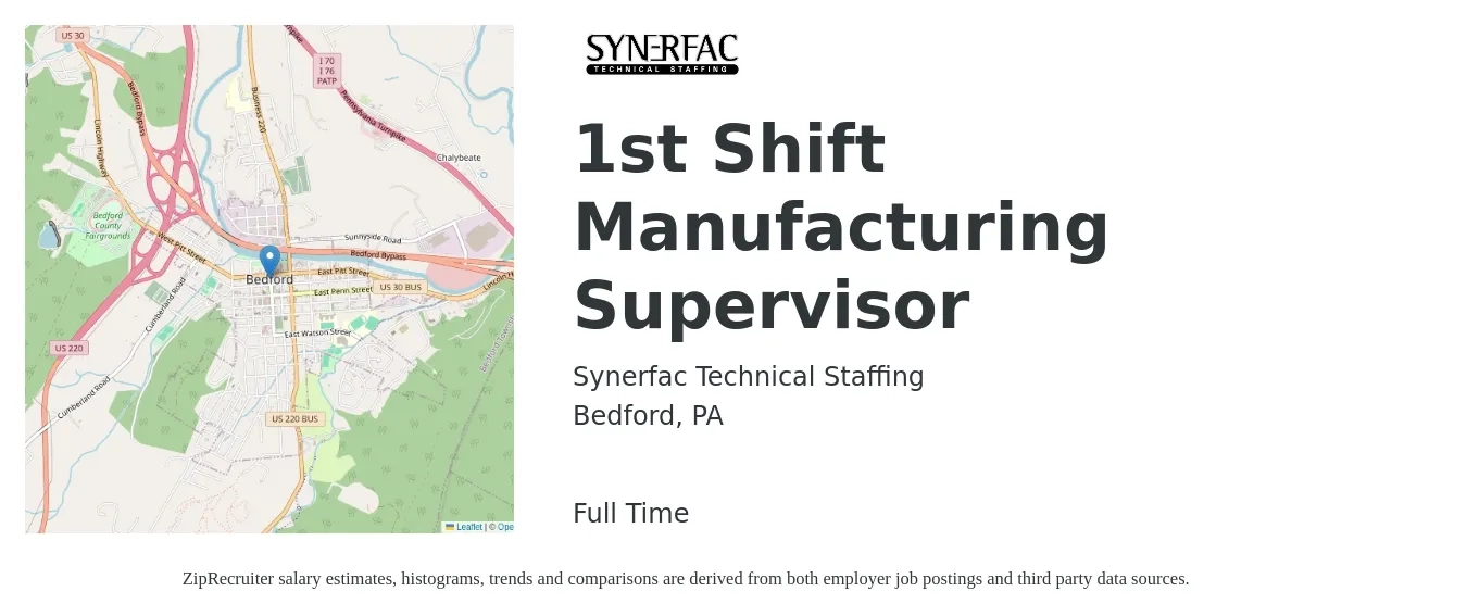Synerfac Technical Staffing job posting for a 1st Shift Manufacturing Supervisor in Bedford, PA with a salary of $65,400 to $100,000 Yearly with a map of Bedford location.
