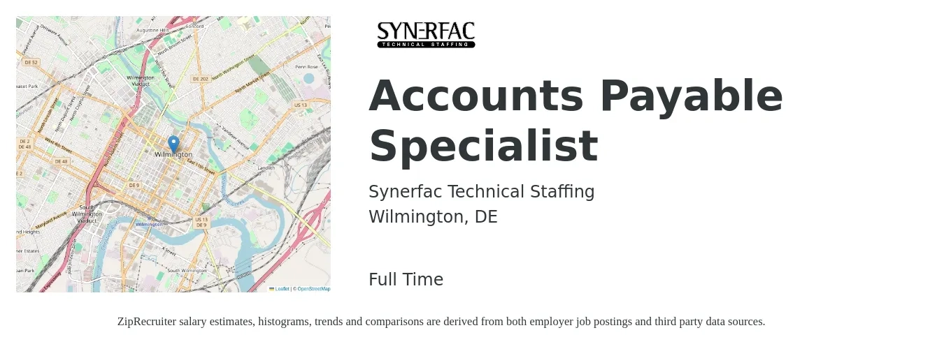 Synerfac Technical Staffing job posting for a Accounts Payable Specialist in Wilmington, DE with a salary of $20 to $26 Hourly with a map of Wilmington location.