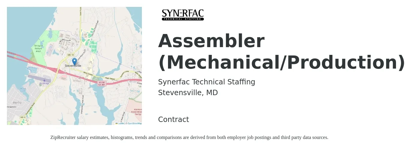 Synerfac Technical Staffing job posting for a Assembler (Mechanical/Production) in Stevensville, MD with a salary of $16 to $18 Hourly with a map of Stevensville location.
