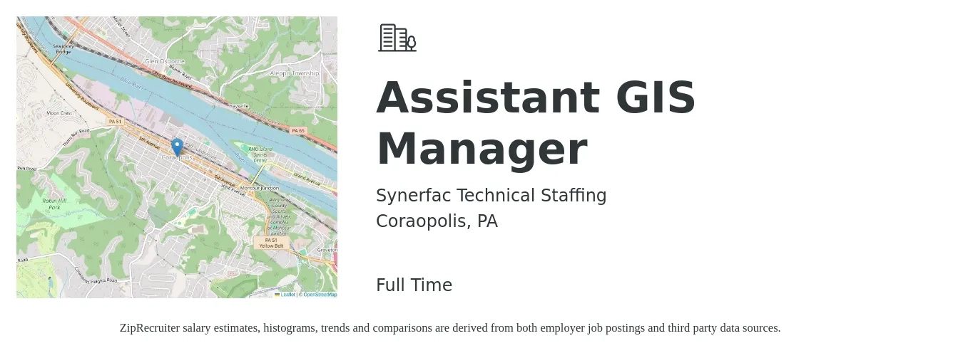 Synerfac Technical Staffing job posting for a Assistant GIS Manager in Coraopolis, PA with a salary of $80,100 to $107,800 Yearly with a map of Coraopolis location.