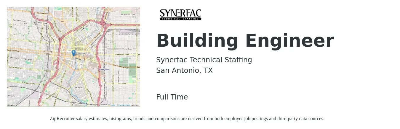 Synerfac Technical Staffing job posting for a Building Engineer in San Antonio, TX with a salary of $24 to $34 Hourly with a map of San Antonio location.