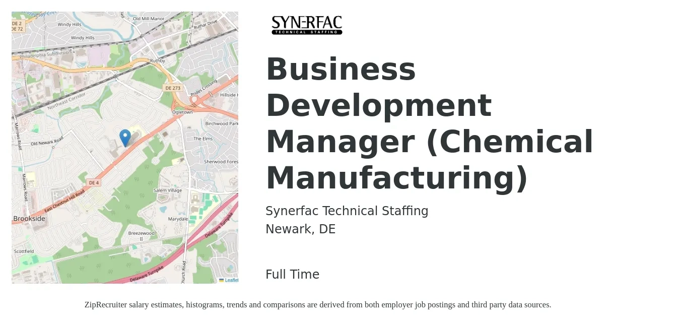 Synerfac Technical Staffing job posting for a Business Development Manager (Chemical Manufacturing) in Newark, DE with a salary of $59,600 to $97,800 Yearly with a map of Newark location.