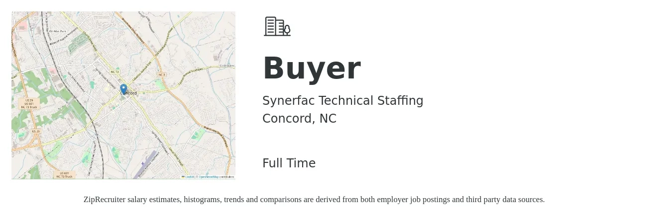 Synerfac Technical Staffing job posting for a Buyer in Concord, NC with a salary of $50,000 to $71,800 Yearly with a map of Concord location.