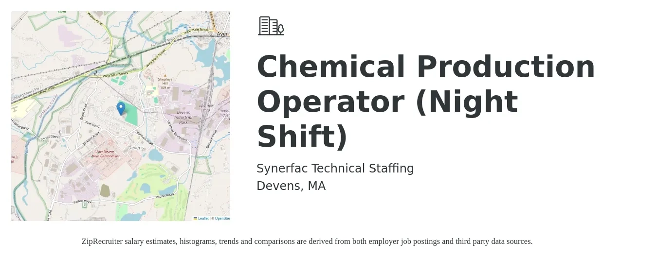 Synerfac Technical Staffing job posting for a Chemical Production Operator (Night Shift) in Devens, MA with a salary of $22 to $24 Hourly with a map of Devens location.