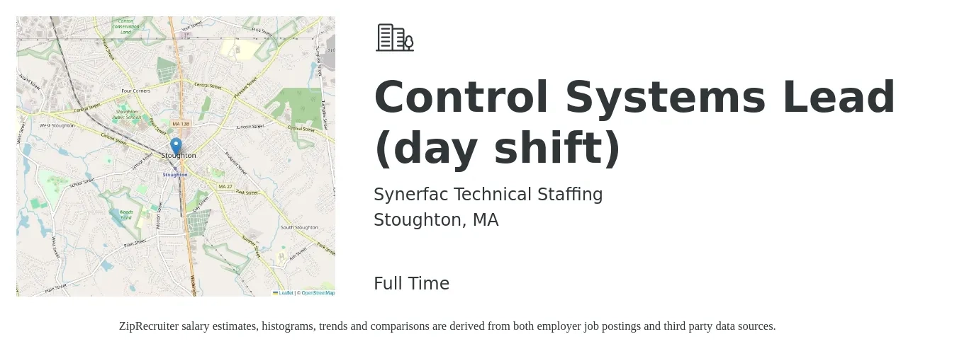 Synerfac Technical Staffing job posting for a Control Systems Lead (day shift) in Stoughton, MA with a salary of $88,900 to $133,900 Yearly with a map of Stoughton location.