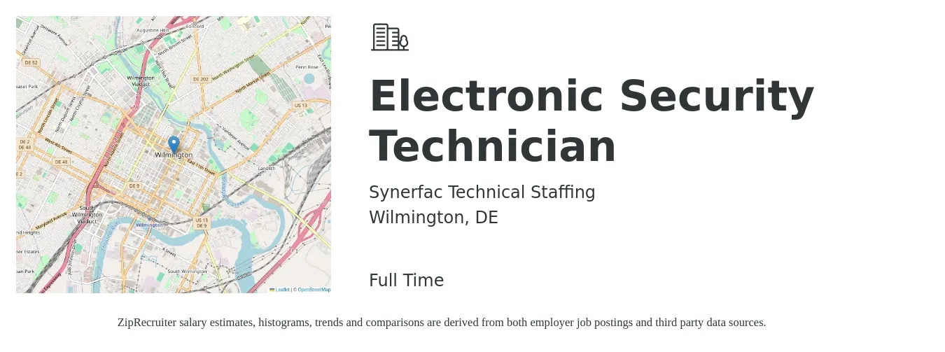 Synerfac Technical Staffing job posting for a Electronic Security Technician in Wilmington, DE with a salary of $23 to $32 Hourly with a map of Wilmington location.
