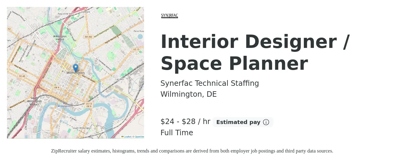 Synerfac Technical Staffing job posting for a Interior Designer / Space Planner in Wilmington, DE with a salary of $54,800 to $84,900 Yearly with a map of Wilmington location.