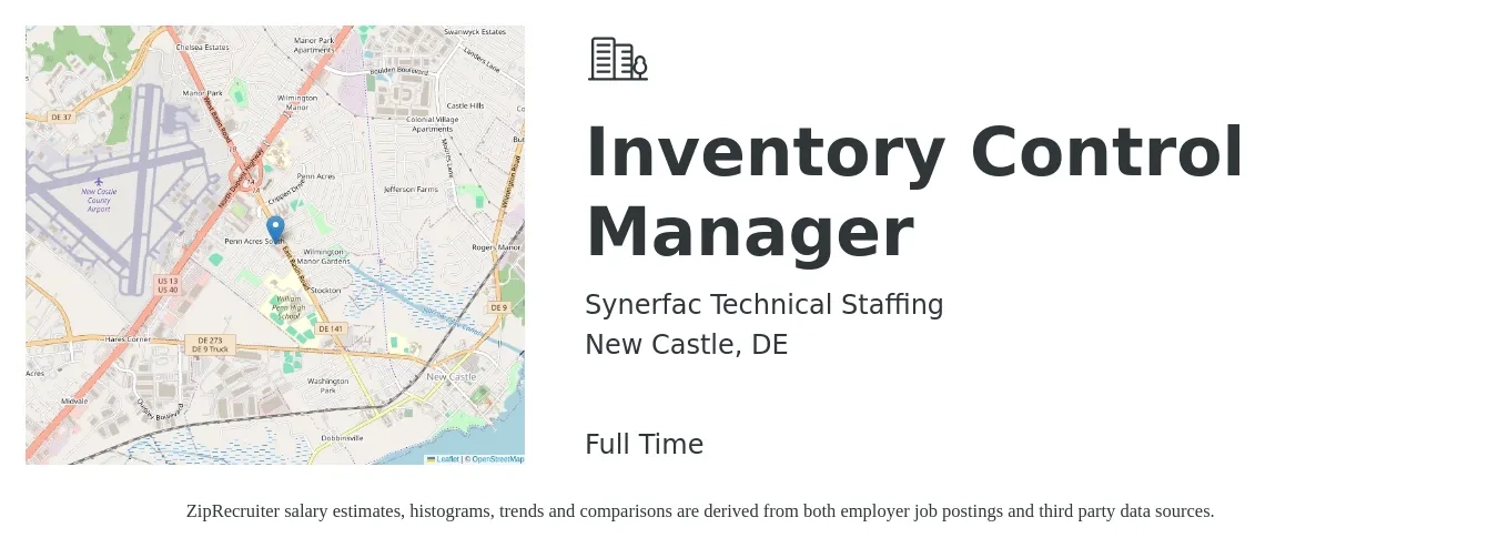 Synerfac Technical Staffing job posting for a Inventory Control Manager in New Castle, DE with a salary of $41,100 to $64,300 Yearly with a map of New Castle location.