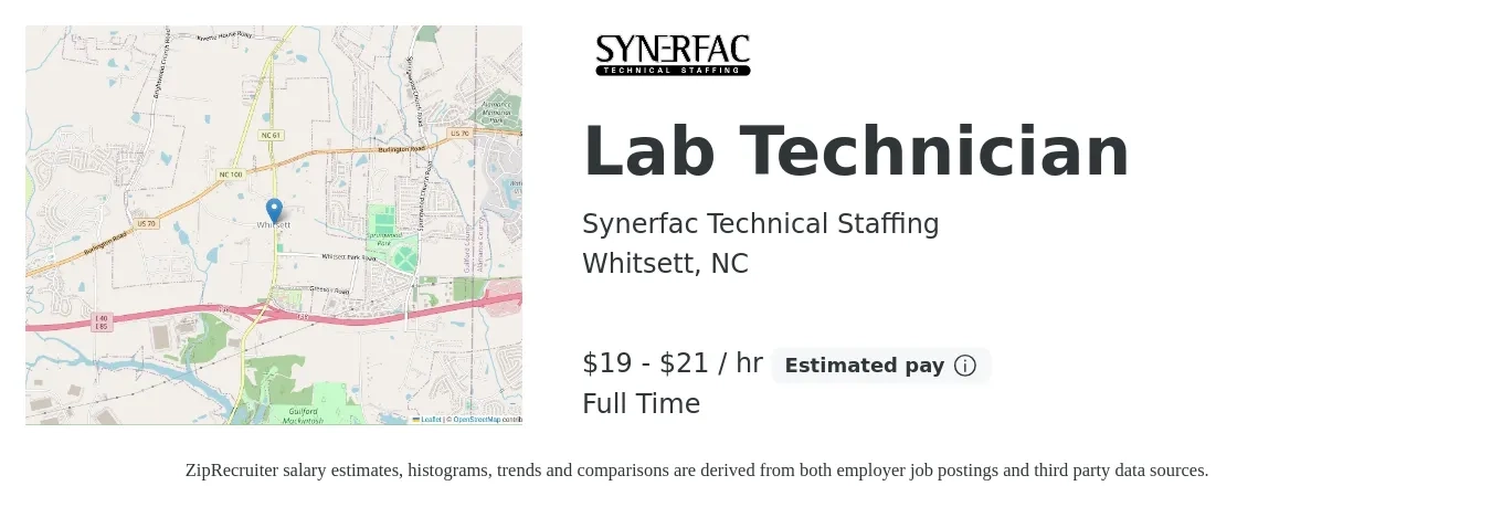 Synerfac Technical Staffing job posting for a Lab Technician in Whitsett, NC with a salary of $14 to $19 Hourly with a map of Whitsett location.