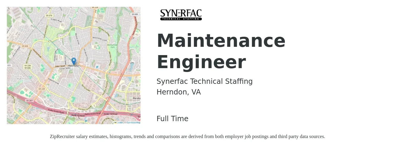 Synerfac Technical Staffing job posting for a Maintenance Engineer in Herndon, VA with a salary of $19 to $34 Hourly with a map of Herndon location.