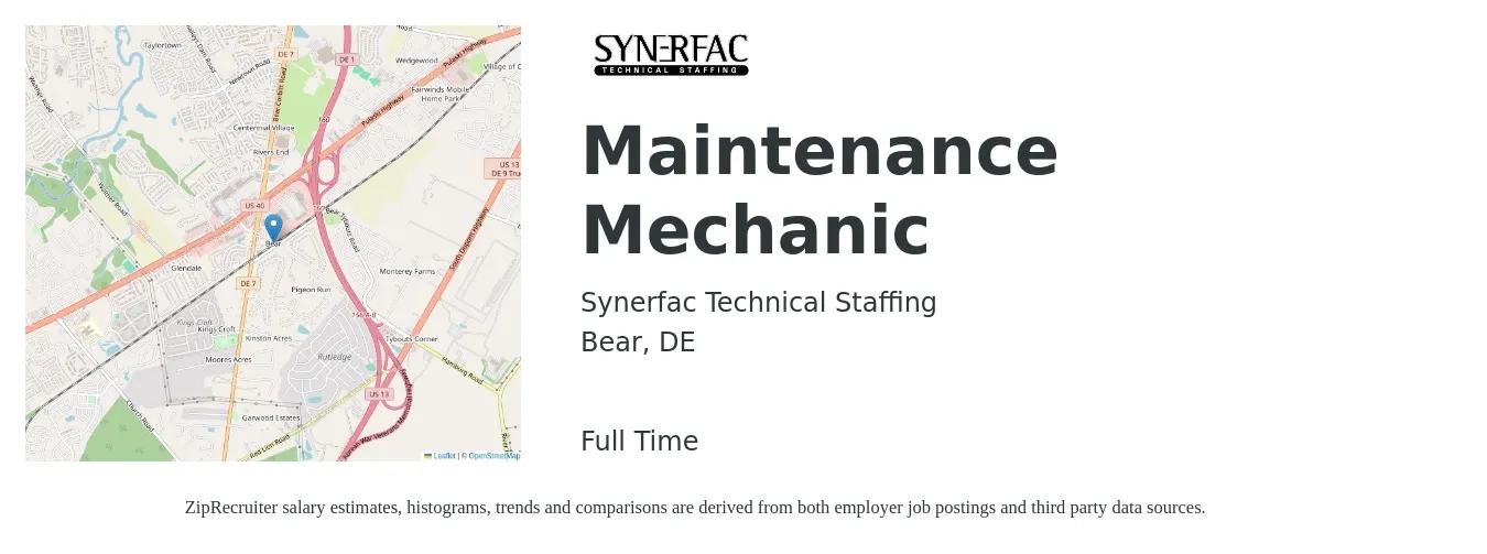 Synerfac Technical Staffing job posting for a Maintenance Mechanic in Bear, DE with a salary of $24 to $31 Hourly with a map of Bear location.