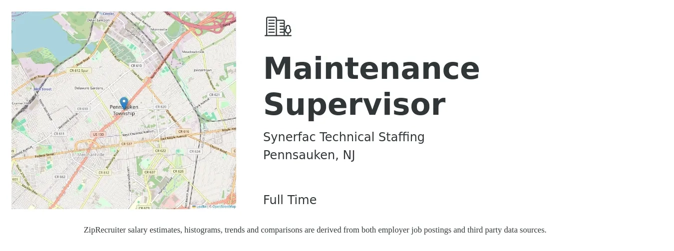 Synerfac Technical Staffing job posting for a Maintenance Supervisor in Pennsauken, NJ with a salary of $24 to $40 Hourly with a map of Pennsauken location.