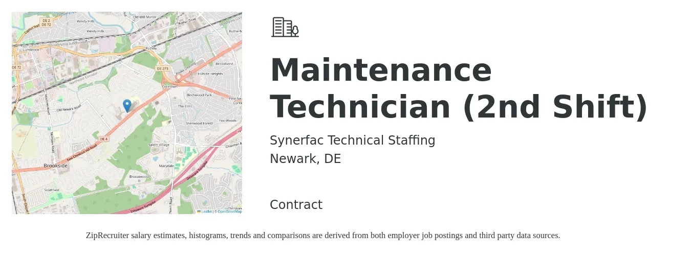 Synerfac Technical Staffing job posting for a Maintenance Technician (2nd Shift) in Newark, DE with a salary of $23 to $29 Hourly with a map of Newark location.