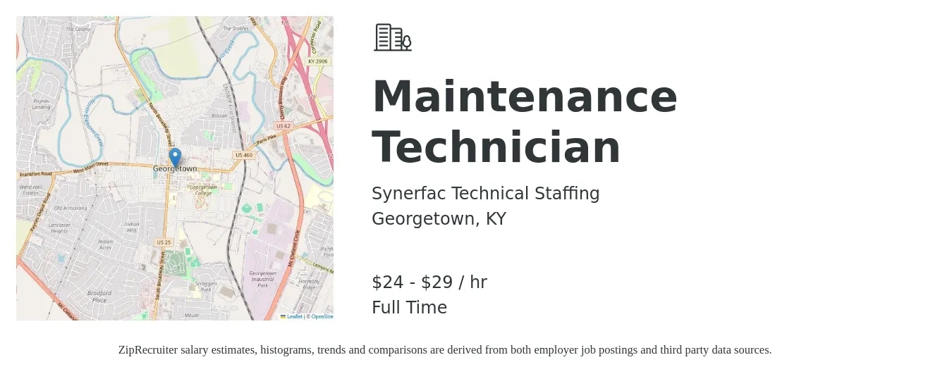 Synerfac Technical Staffing job posting for a Maintenance Technician in Georgetown, KY with a salary of $25 to $31 Hourly with a map of Georgetown location.