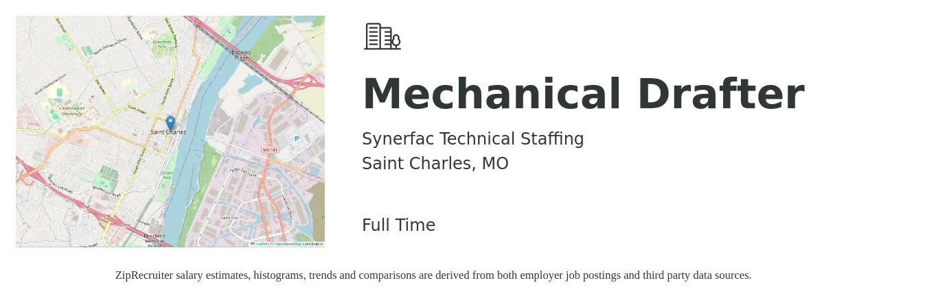 Synerfac Technical Staffing job posting for a Mechanical Drafter in Saint Charles, MO with a salary of $22 to $30 Hourly with a map of Saint Charles location.
