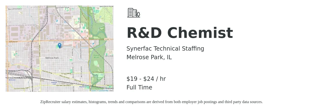 Synerfac Technical Staffing job posting for a R&D Chemist in Melrose Park, IL with a salary of $20 to $25 Hourly with a map of Melrose Park location.