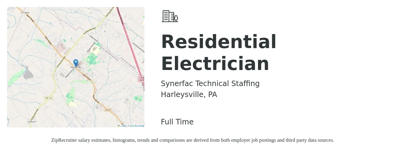 Synerfac Technical Staffing job posting for a Residential Electrician in Harleysville, PA with a salary of $23 to $33 Hourly with a map of Harleysville location.