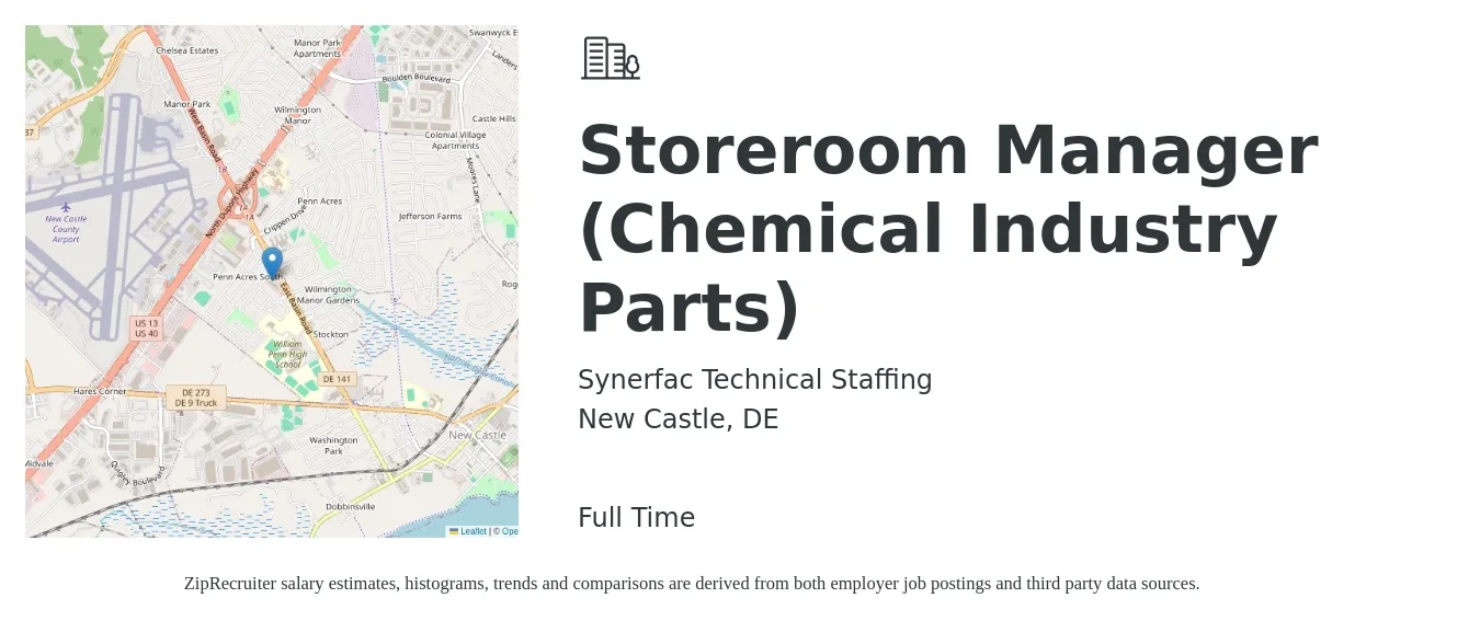 Synerfac Technical Staffing job posting for a Storeroom Manager (Chemical Industry Parts) in New Castle, DE with a salary of $16 to $19 Hourly with a map of New Castle location.
