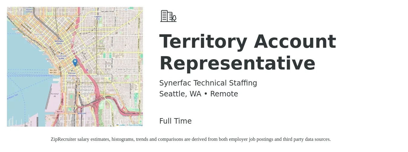 Synerfac Technical Staffing job posting for a Territory Account Representative in Seattle, WA with a salary of $23 to $26 Hourly with a map of Seattle location.