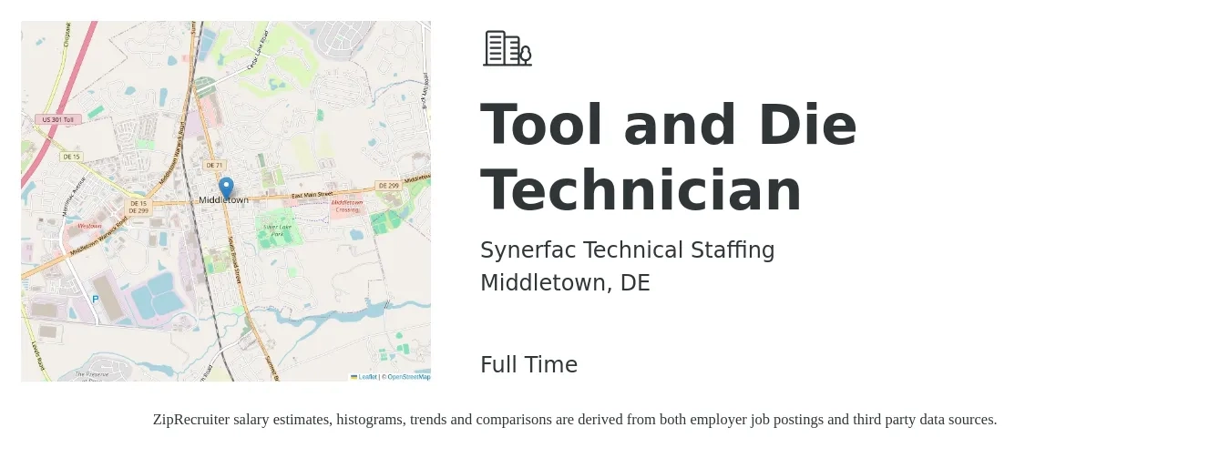 Synerfac Technical Staffing job posting for a Tool and Die Technician in Middletown, DE with a salary of $21 to $28 Hourly with a map of Middletown location.