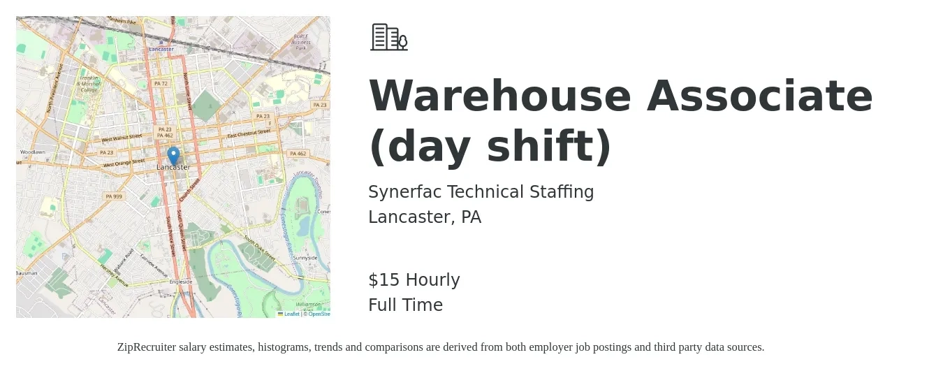 Synerfac Technical Staffing job posting for a Warehouse Associate (day shift) in Lancaster, PA with a salary of $16 Hourly with a map of Lancaster location.