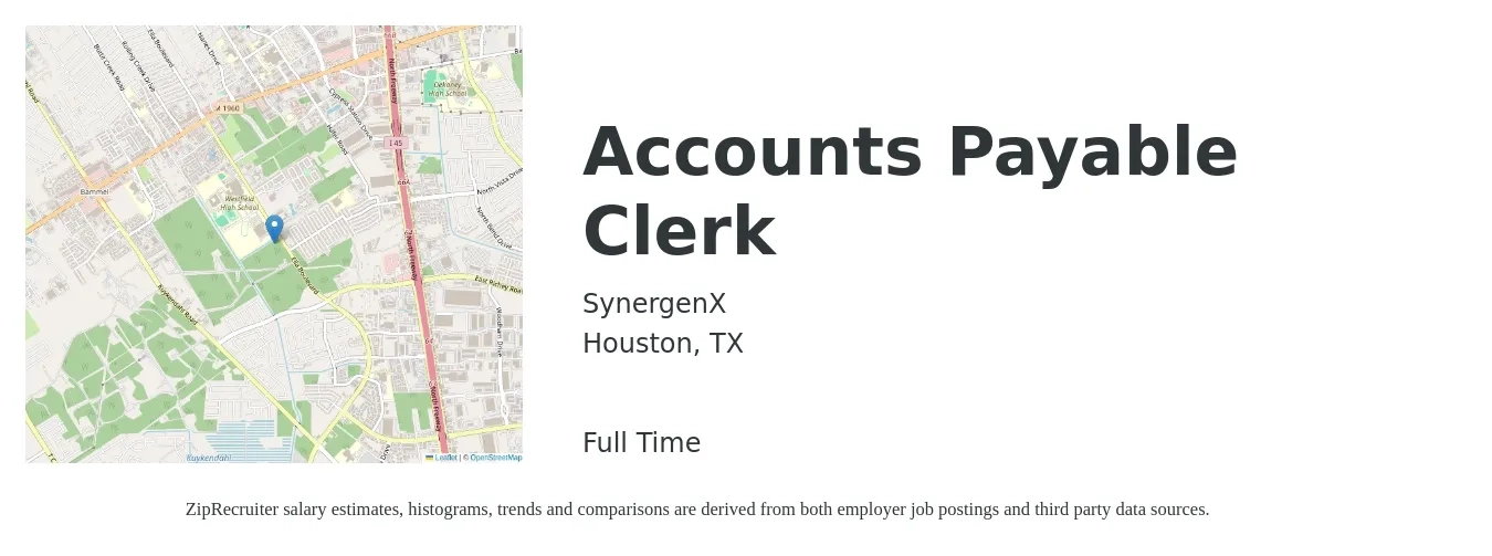 SynergenX job posting for a Accounts Payable Clerk in Houston, TX with a salary of $19 to $22 Hourly with a map of Houston location.