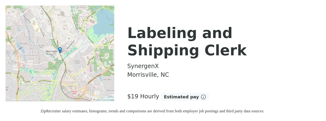 SynergenX job posting for a Labeling and Shipping Clerk in Morrisville, NC with a salary of $20 Hourly with a map of Morrisville location.