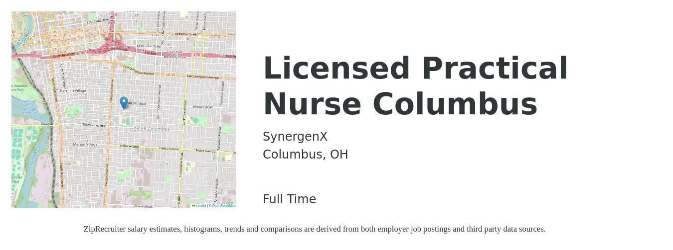 SynergenX job posting for a Licensed Practical Nurse Columbus in Columbus, OH with a salary of $28 to $30 Hourly with a map of Columbus location.