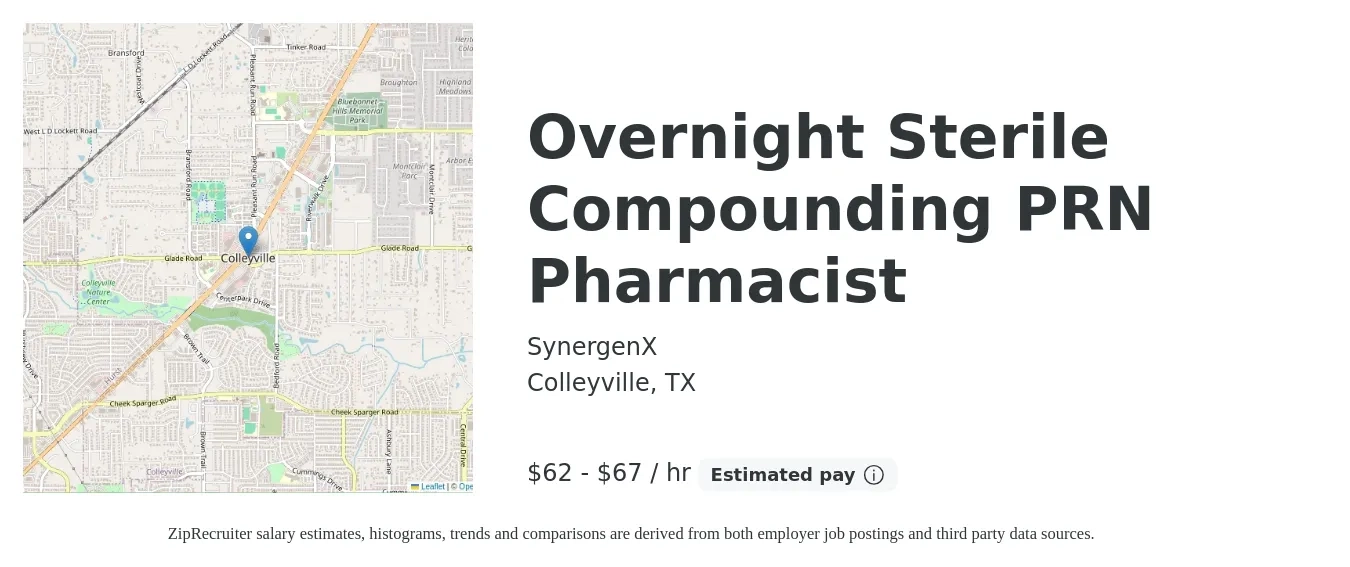 SynergenX job posting for a Overnight Sterile Compounding PRN Pharmacist in Colleyville, TX with a salary of $65 to $70 Hourly with a map of Colleyville location.
