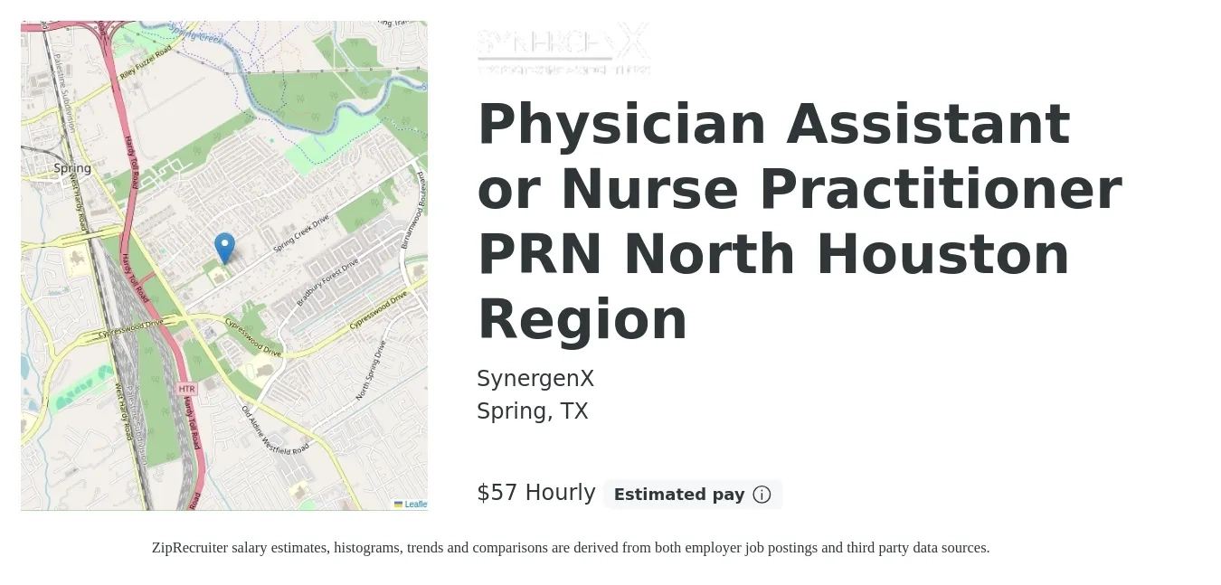 SynergenX job posting for a Physician Assistant or Nurse Practitioner PRN North Houston Region in Spring, TX with a salary of $60 to $400 Hourly with a map of Spring location.