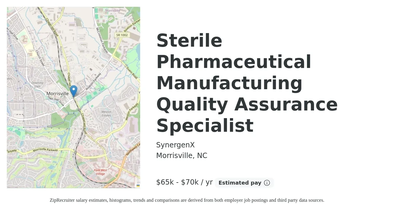 SynergenX job posting for a Sterile Pharmaceutical Manufacturing Quality Assurance Specialist in Morrisville, NC with a salary of $65,000 to $70,000 Yearly with a map of Morrisville location.