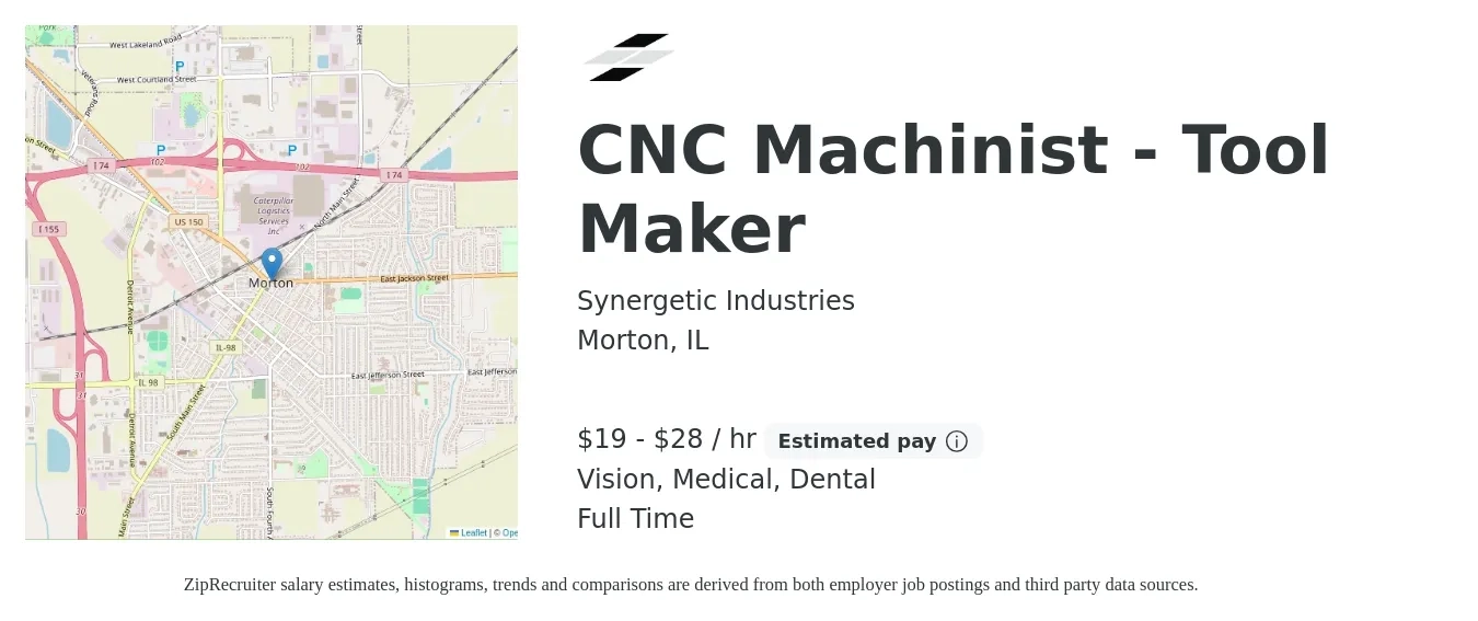 Synergetic Industries job posting for a CNC Machinist - Tool Maker in Morton, IL with a salary of $20 to $30 Hourly and benefits including retirement, vision, dental, life_insurance, and medical with a map of Morton location.