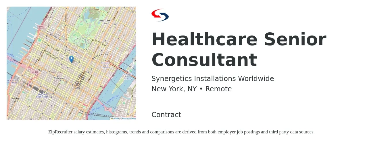 Synergetics Installations Worldwide job posting for a Healthcare Senior Consultant in New York, NY with a salary of $71,100 to $131,300 Yearly with a map of New York location.