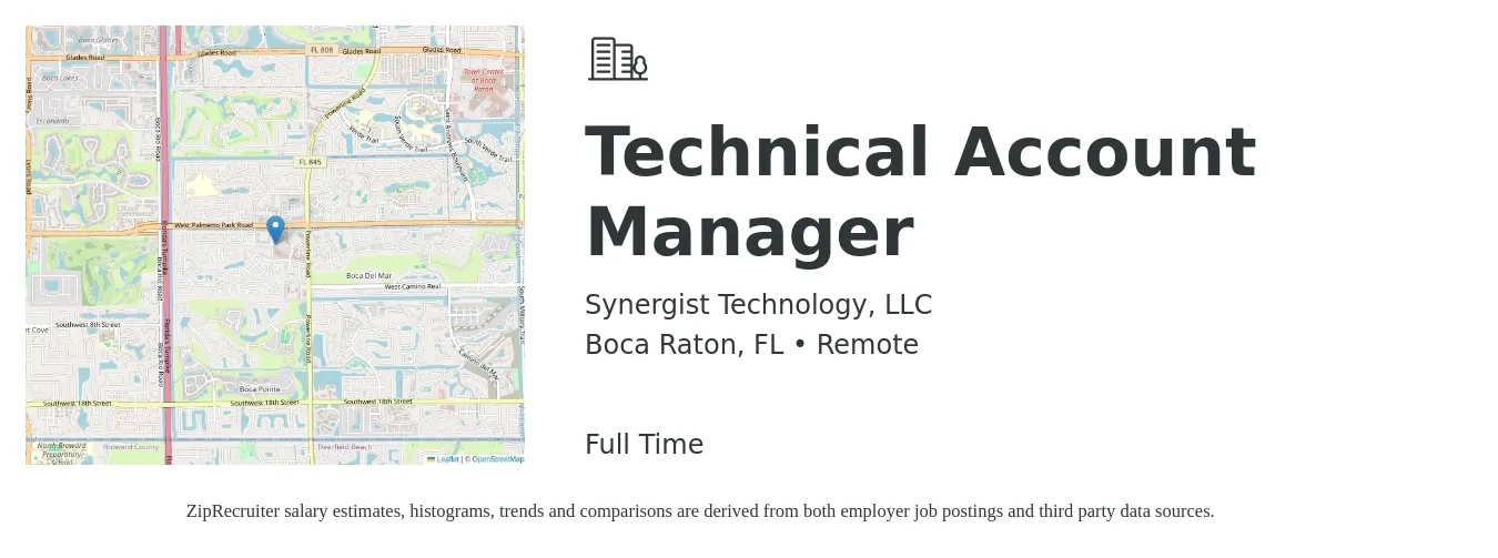 Synergist Technology, LLC job posting for a Technical Account Manager in Boca Raton, FL with a salary of $85,000 Yearly with a map of Boca Raton location.