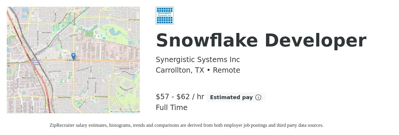 Synergistic Systems Inc job posting for a Snowflake Developer in Carrollton, TX with a salary of $60 to $65 Hourly with a map of Carrollton location.