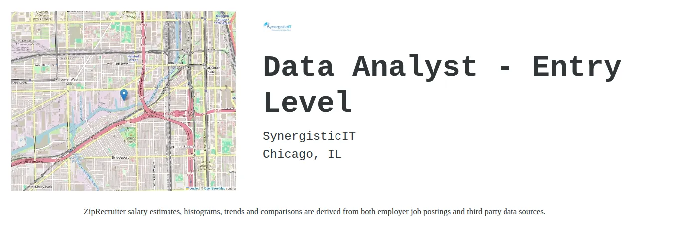SynergisticIT job posting for a Entry Level Data Analyst (Remote) in Chicago, IL with a salary of $23 to $40 Hourly with a map of Chicago location.