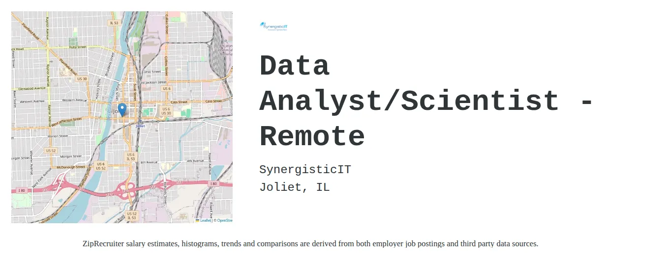 SynergisticIT job posting for a Data Analyst/Scientist - Remote in Joliet, IL with a map of Joliet location.