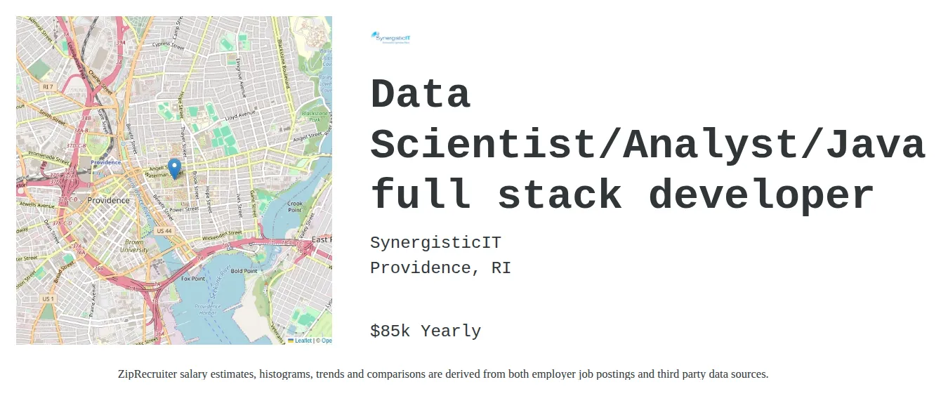 SynergisticIT job posting for a Data Scientist/Analyst/Java full stack developer in Providence, RI with a map of Providence location.