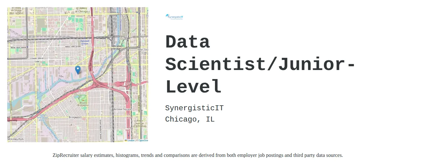 SynergisticIT job posting for a Data Scientist/Junior-Level in Chicago, IL with a salary of $101,500 to $140,100 Annually with a map of Chicago location.