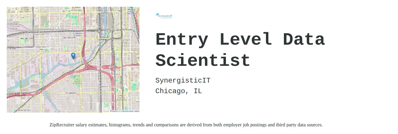 SynergisticIT job posting for a Entry Level Data Scientist in Chicago, IL with a salary of $101,500 to $140,200 Annually with a map of Chicago location.