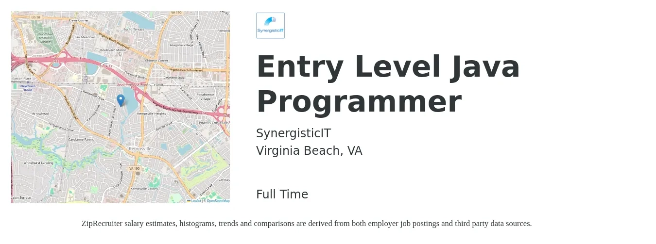 SynergisticIT job posting for a Entry Level Java Programmer in Virginia Beach, VA with a salary of $44 to $58 Hourly with a map of Virginia Beach location.