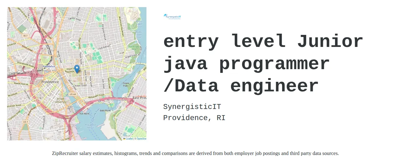SynergisticIT job posting for a entry level Junior java programmer /Data engineer in Providence, RI with a salary of $76,300 to $107,600 Annually with a map of Providence location.