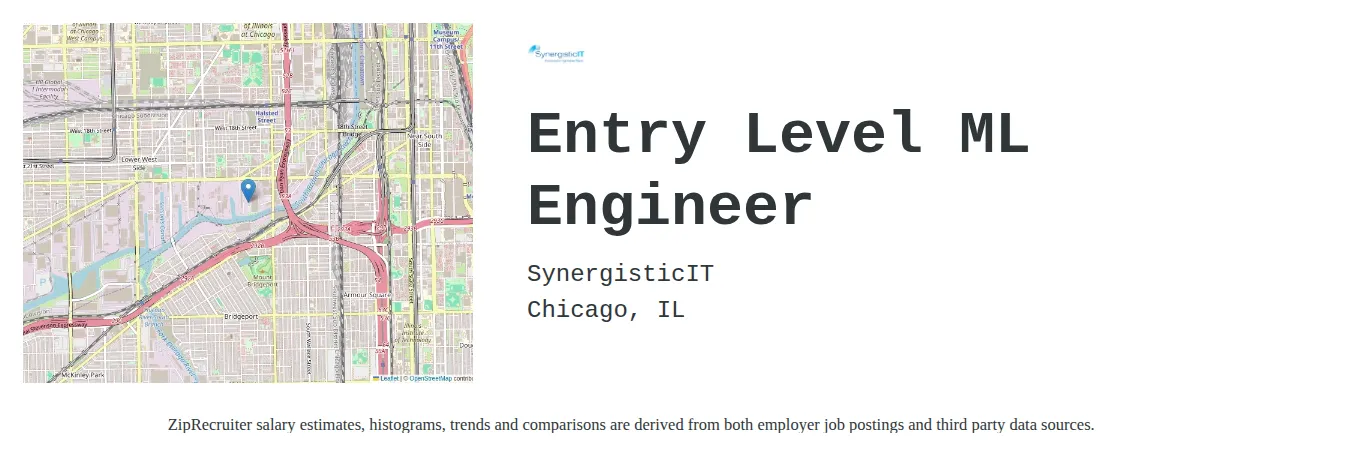 SynergisticIT job posting for a Entry Level ML Engineer in Chicago, IL with a salary of $67,000 to $123,600 Annually with a map of Chicago location.